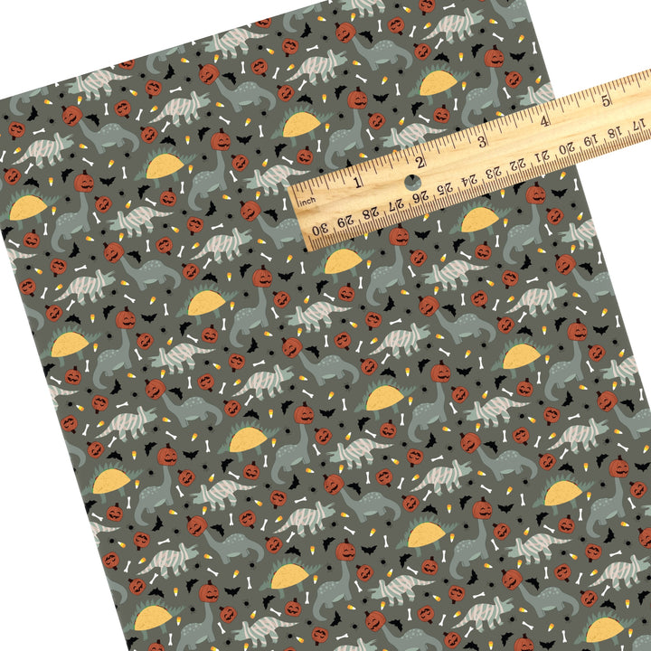 These Halloween themed pattern faux leather sheets contain the following design elements: dinosaurs in costumes. Our CPSIA compliant faux leather sheets or rolls can be used for all types of crafting projects.