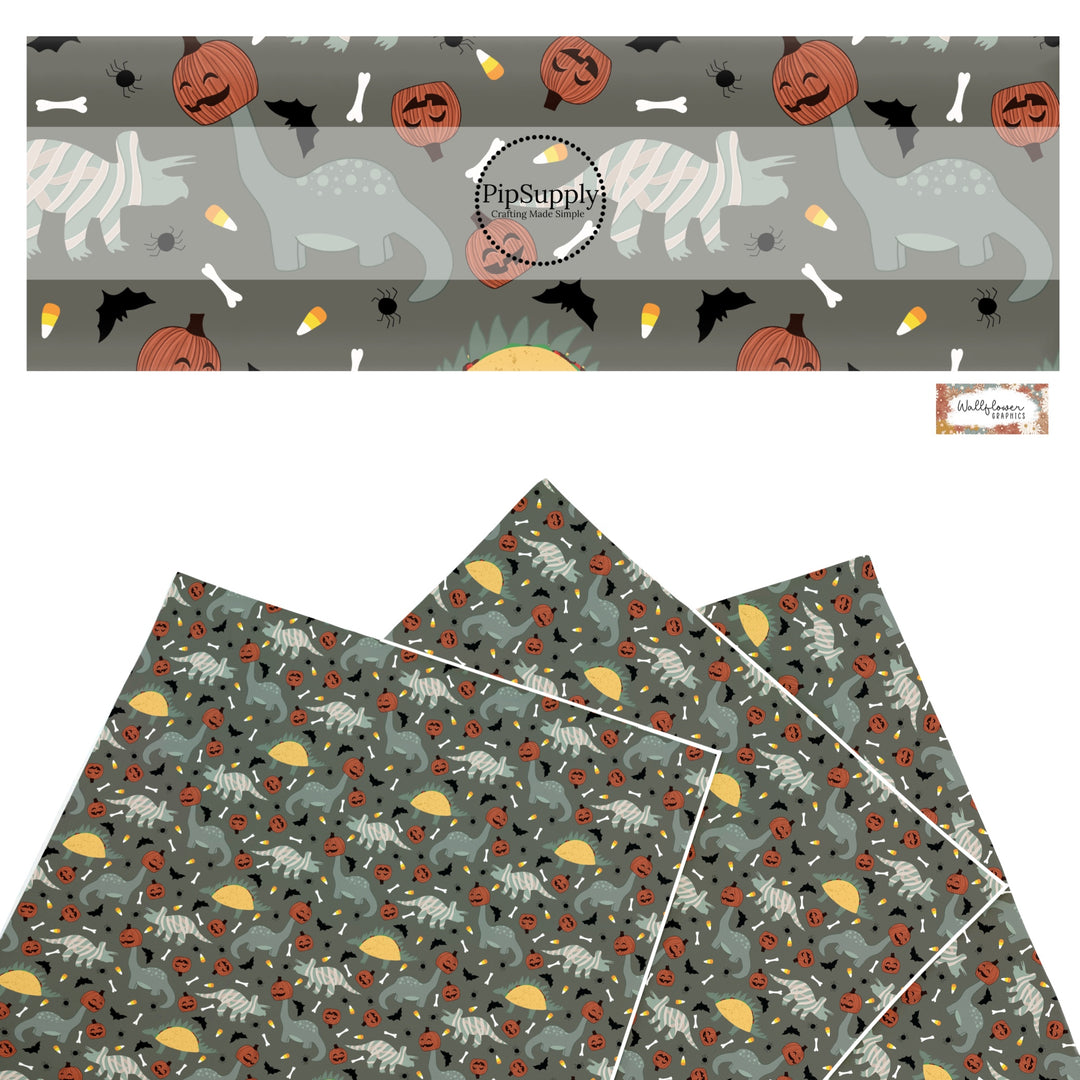 These Halloween themed pattern faux leather sheets contain the following design elements: dinosaurs in costumes. Our CPSIA compliant faux leather sheets or rolls can be used for all types of crafting projects.