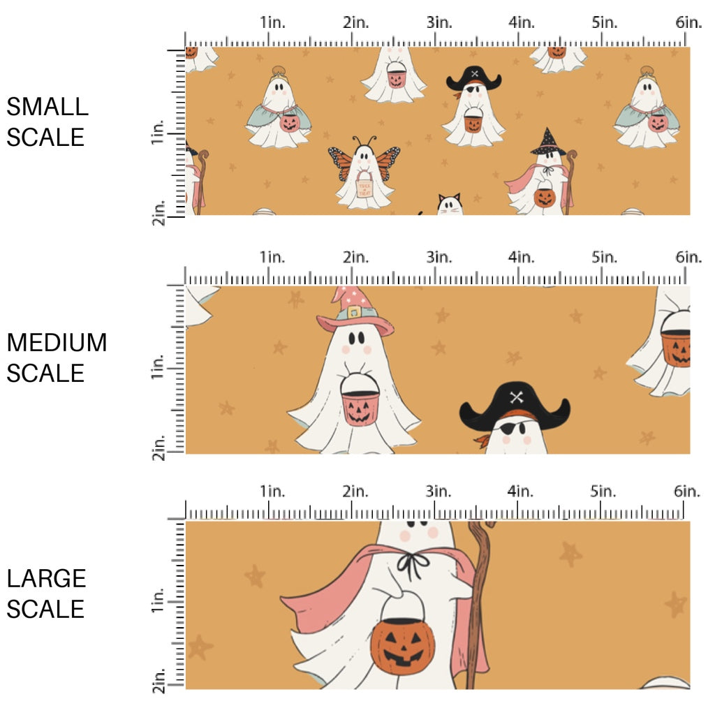 This scale chart of small scale, medium scale, and large scale of these Halloween themed pattern fabric by the yard features the following design elements: ghost costumes on orange. This fun spooky themed fabric can be used for all your sewing and crafting needs!