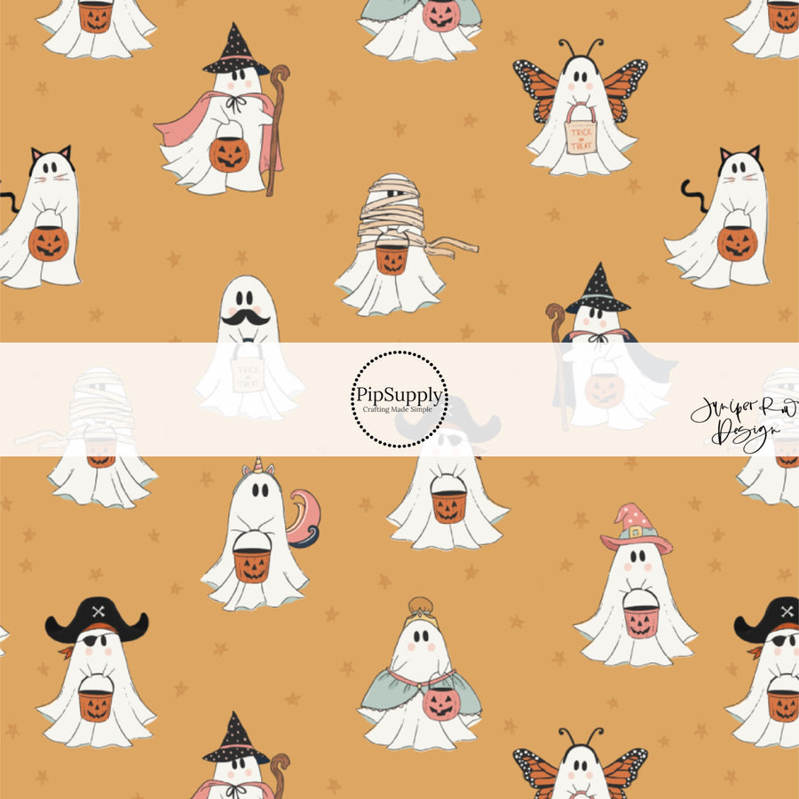 These Halloween themed pattern fabric by the yard features the following design elements: ghost costumes on orange. This fun spooky themed fabric can be used for all your sewing and crafting needs!