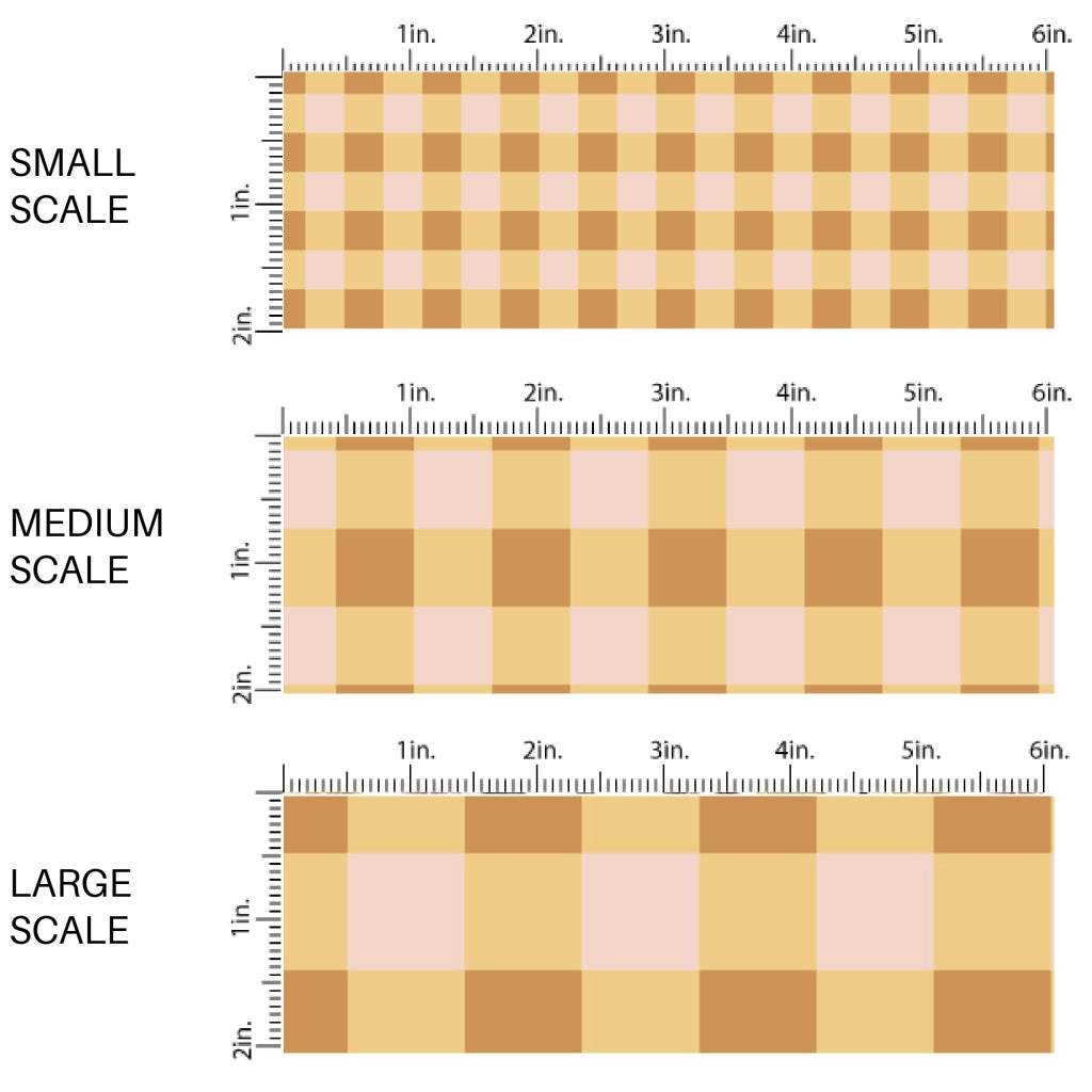 This scale chart of small scale, medium scale, and large scale of these Halloween themed pattern fabric by the yard features the following design elements: pink and orange plaid. This fun spooky themed fabric can be used for all your sewing and crafting needs!