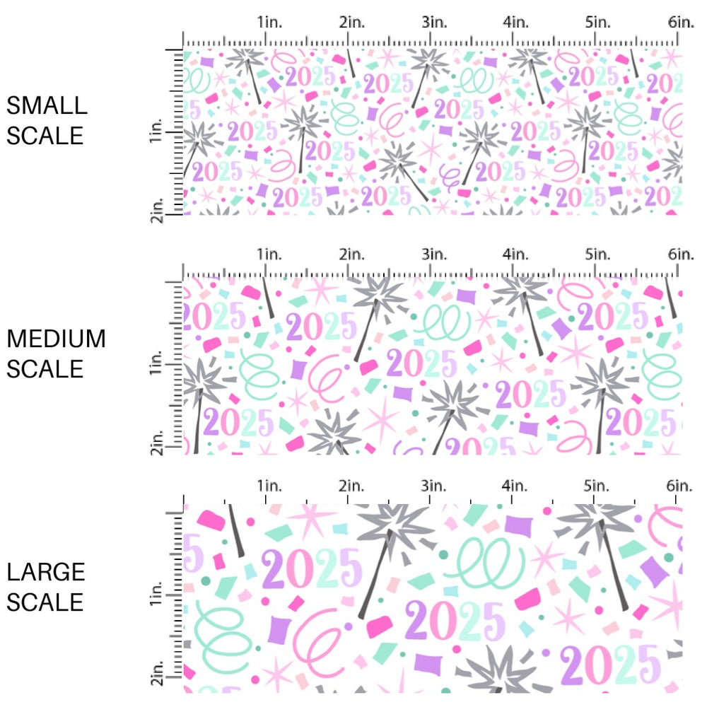 This white fabric by the yard features the year '2025' and a cute confetti and sparklers print. This fun New Years fabric can be used for all your sewing and crafting needs!