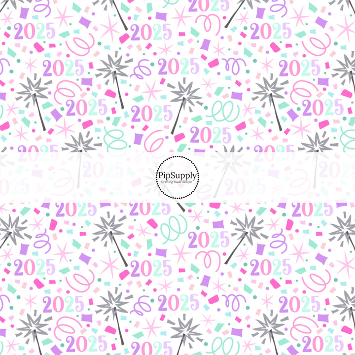 This white fabric by the yard features the year '2025' and a cute confetti and sparklers print. This fun New Years fabric can be used for all your sewing and crafting needs!