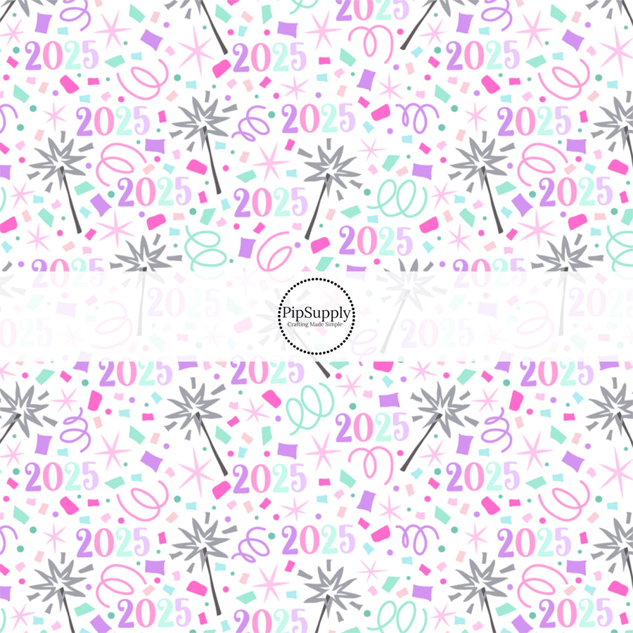 This white fabric by the yard features the year '2025' and a cute confetti and sparklers print. This fun New Years fabric can be used for all your sewing and crafting needs!