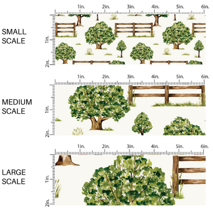 This scale chart of small scale, medium scale, and large scale of these spring and summer pattern fabric by the yard features farm and meadow country side with trees and fences. This fun fabric can be used for all your sewing and crafting needs!
