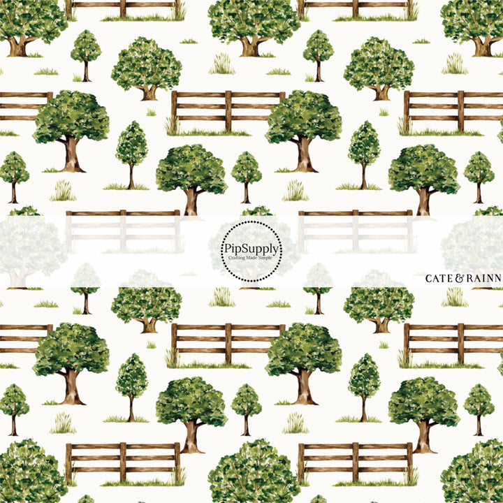 These spring and summer pattern fabric by the yard features farm and meadow country side with trees and fences. This fun fabric can be used for all your sewing and crafting needs!