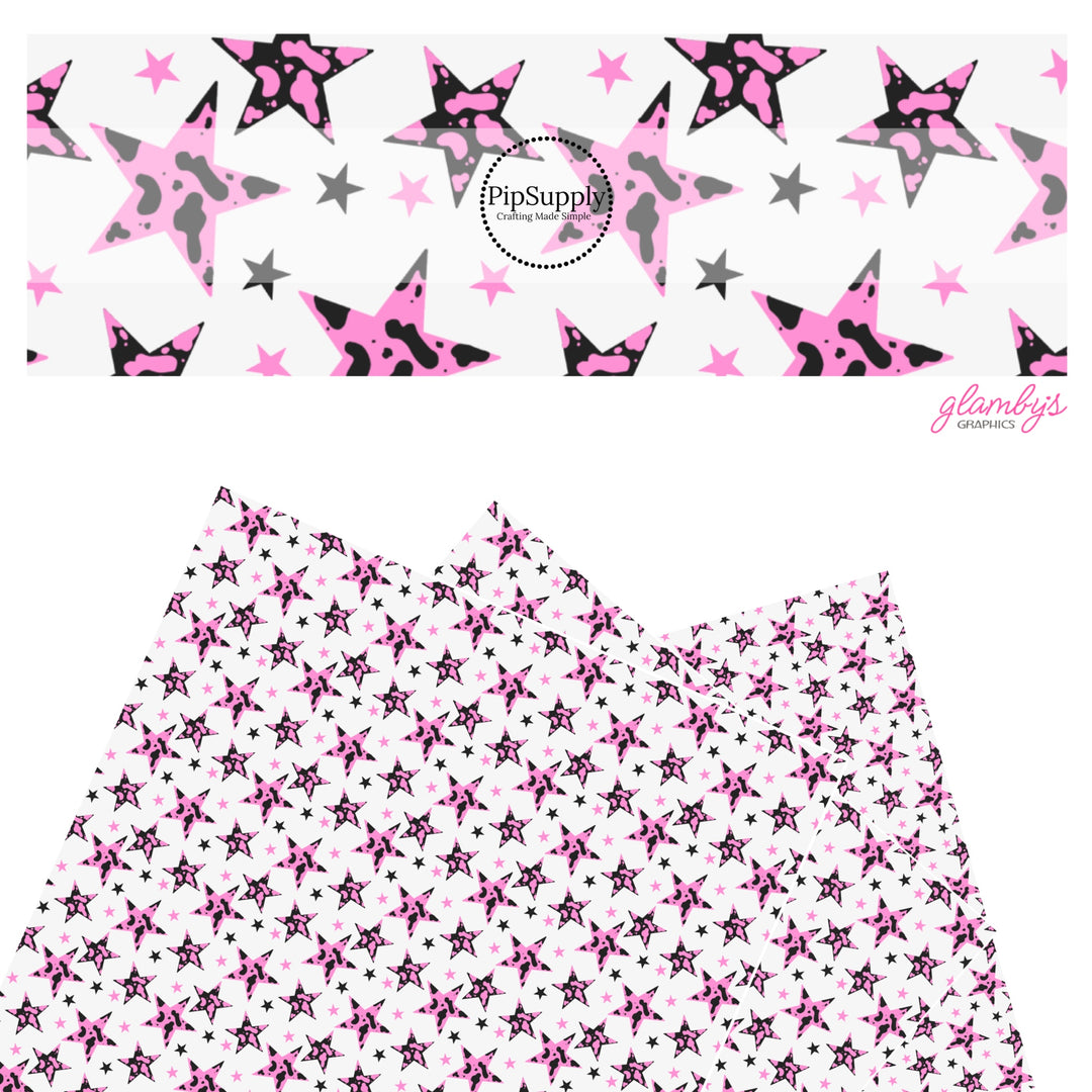 These spring pattern themed faux leather sheets contain the following design elements: pink and black cow pattern stars. Our CPSIA compliant faux leather sheets or rolls can be used for all types of crafting projects.