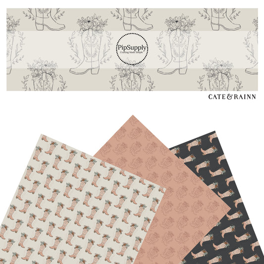 These summer pattern faux leather sheets contain the following design elements: western cowgirl boots and flowers. Our CPSIA compliant faux leather sheets or rolls can be used for all types of crafting projects.
