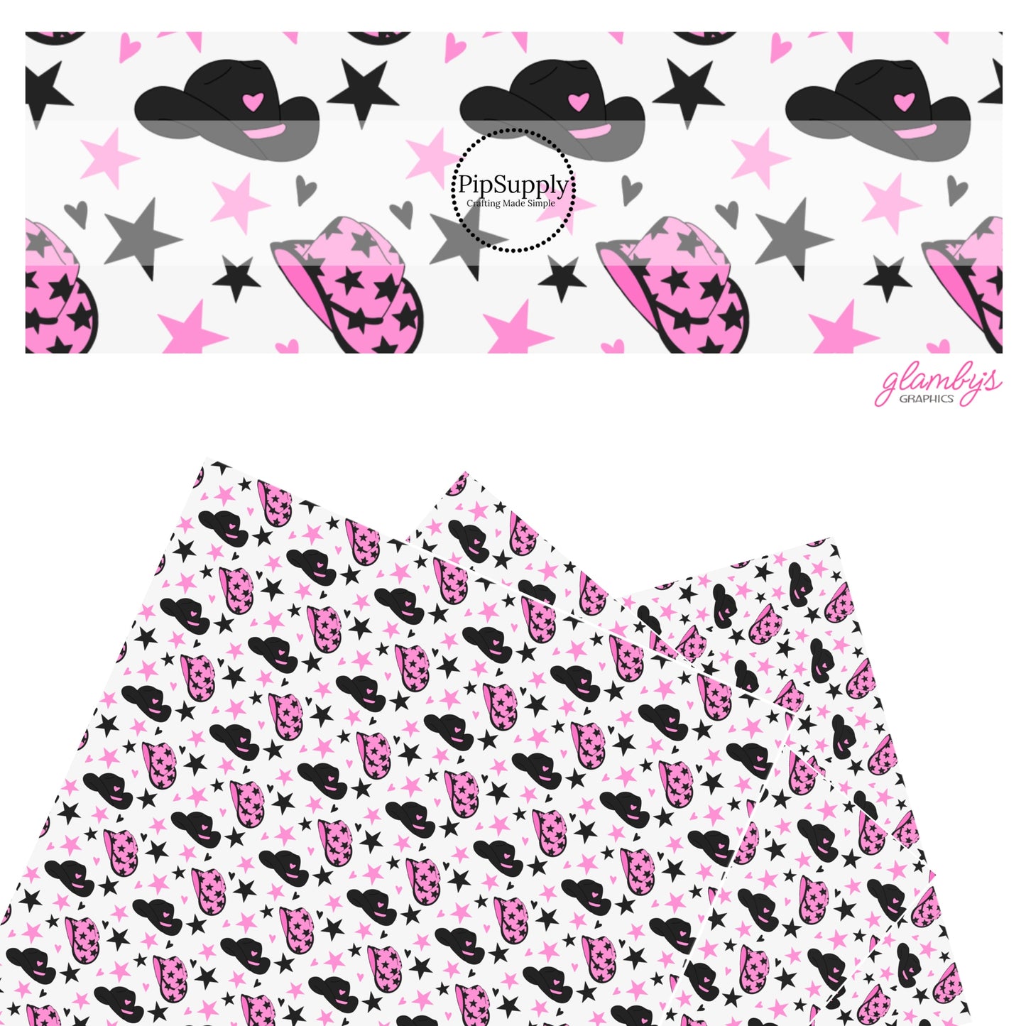 These farm pattern themed faux leather sheets contain the following design elements: pink and black cowgirl hats and stars. Our CPSIA compliant faux leather sheets or rolls can be used for all types of crafting projects.