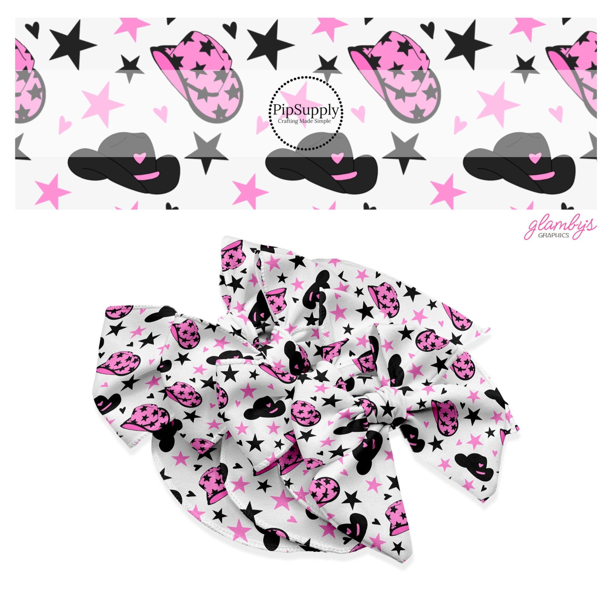 These farm pattern no sew bow strips can be easily tied and attached to a clip for a finished hair bow. These bow strips are great for personal use or to sell. The bow strips feature pink and black cowgirl hats and stars. 