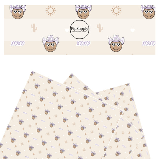 These western themed faux leather sheets contain the following design elements: smiley faces with cowgirl hats, cactus, suns, and hearts. Our CPSIA compliant faux leather sheets or rolls can be used for all types of crafting projects. The designer of this pattern is Hay Sis Hay. 