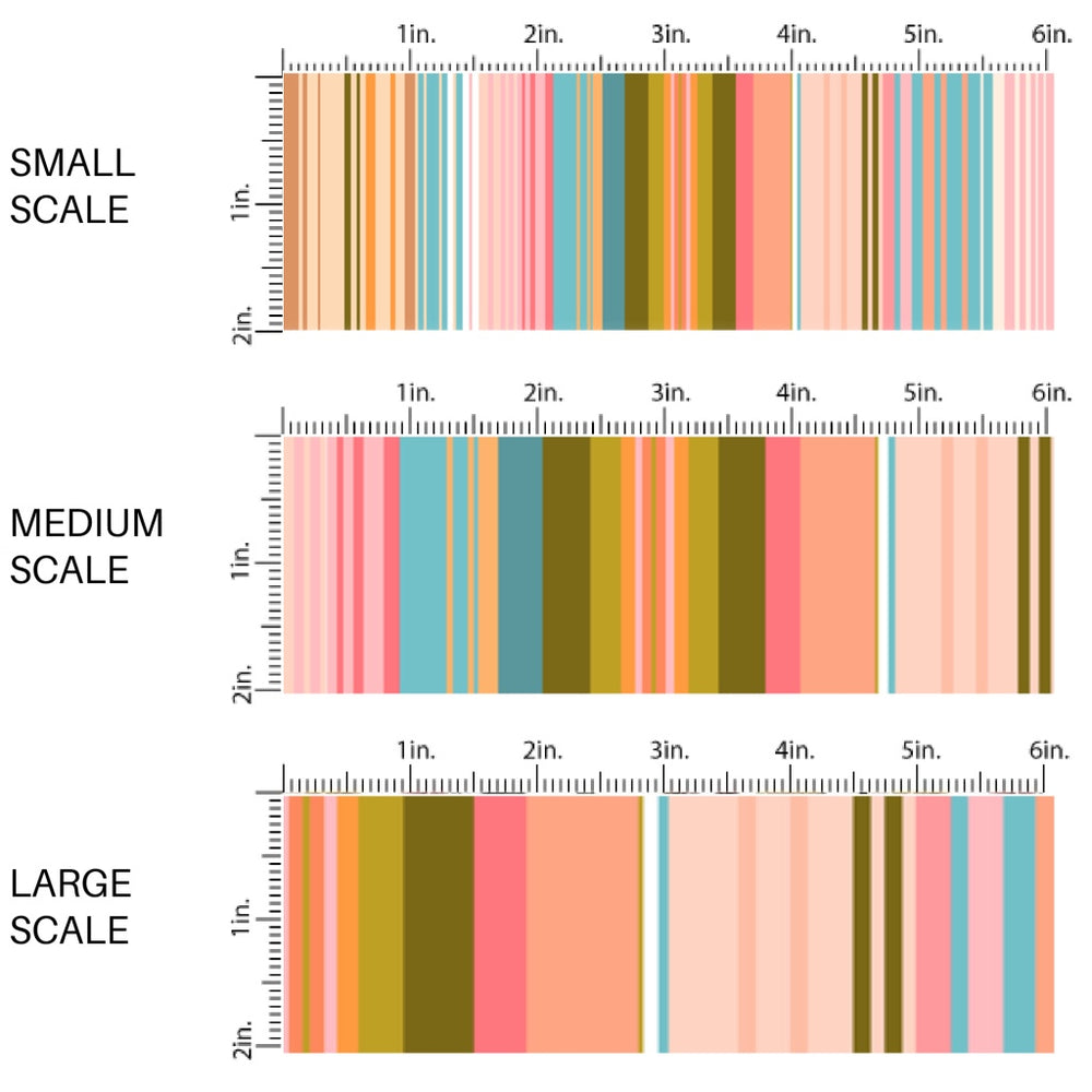 This scale chart of small scale, medium scale, and large scale of this summer fabric by the yard feature western colorful stripes. This fun summer western themed fabric can be used for all your sewing and crafting needs!