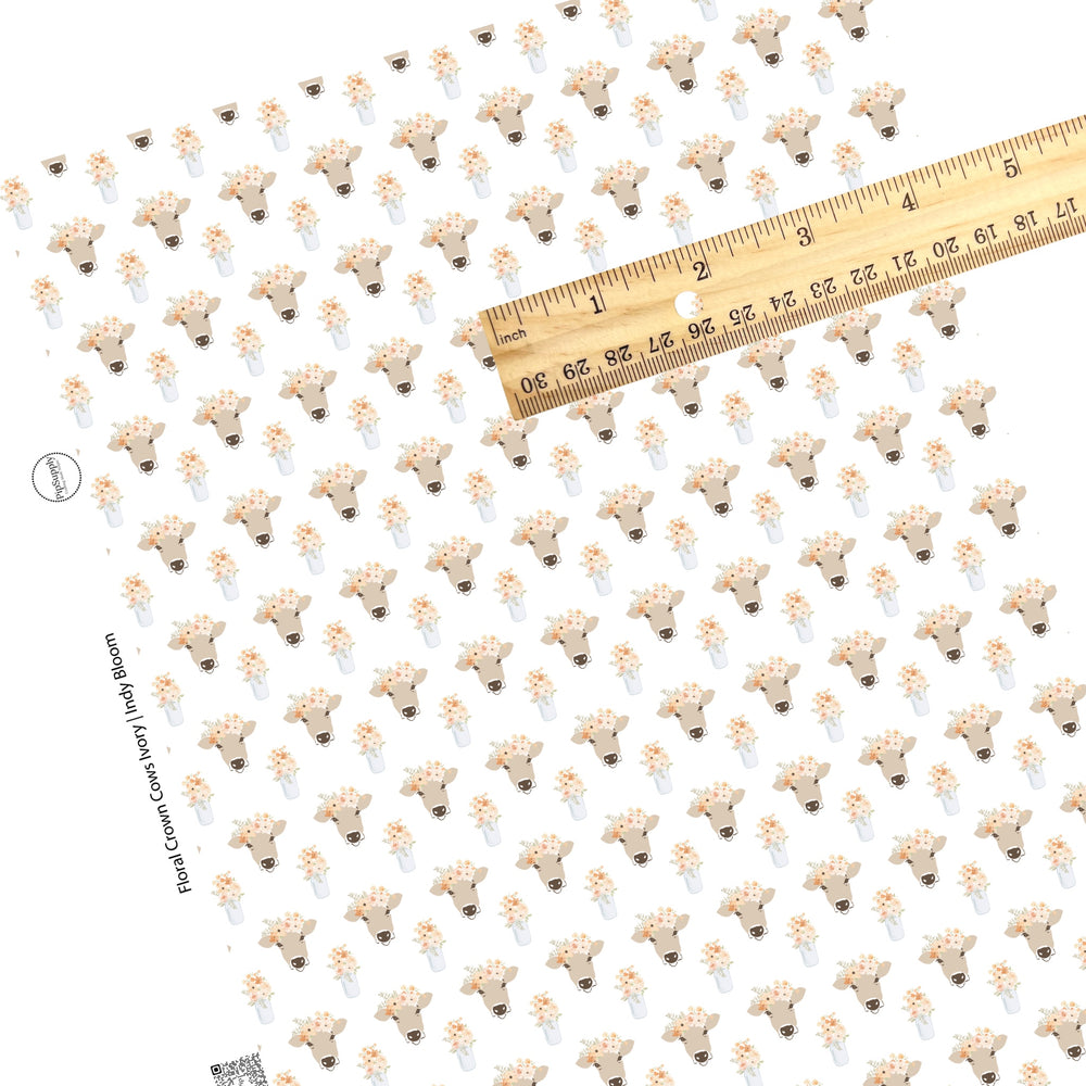 These pastel flowers with cows on ivory faux leather sheets contain the following design elements: flower bouquet in jars with cows wearing flower crown.