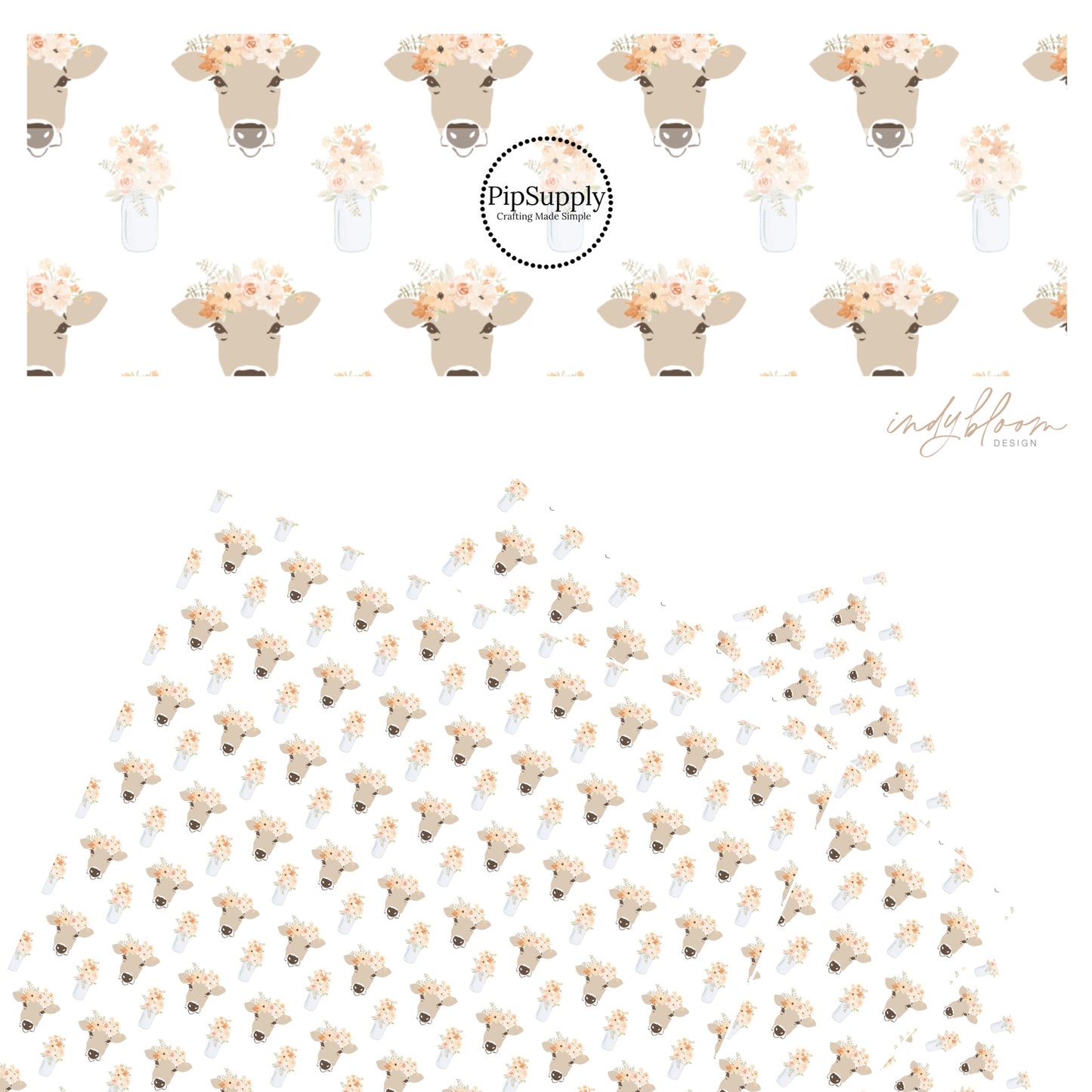 These pastel flowers with cows on ivory faux leather sheets contain the following design elements: flower bouquet in jars with cows wearing flower crown.