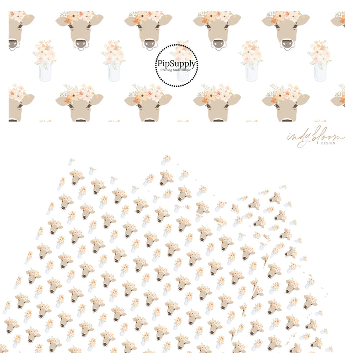 These pastel flowers with cows on ivory faux leather sheets contain the following design elements: flower bouquet in jars with cows wearing flower crown.