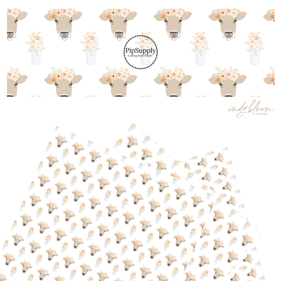 These pastel flowers with cows on ivory faux leather sheets contain the following design elements: flower bouquet in jars with cows wearing flower crown.