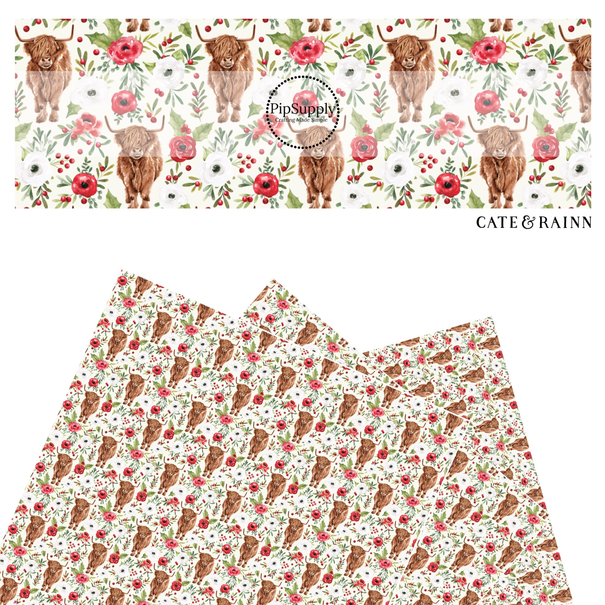 Brown cows with red, green, and white florals on white faux leather sheets
