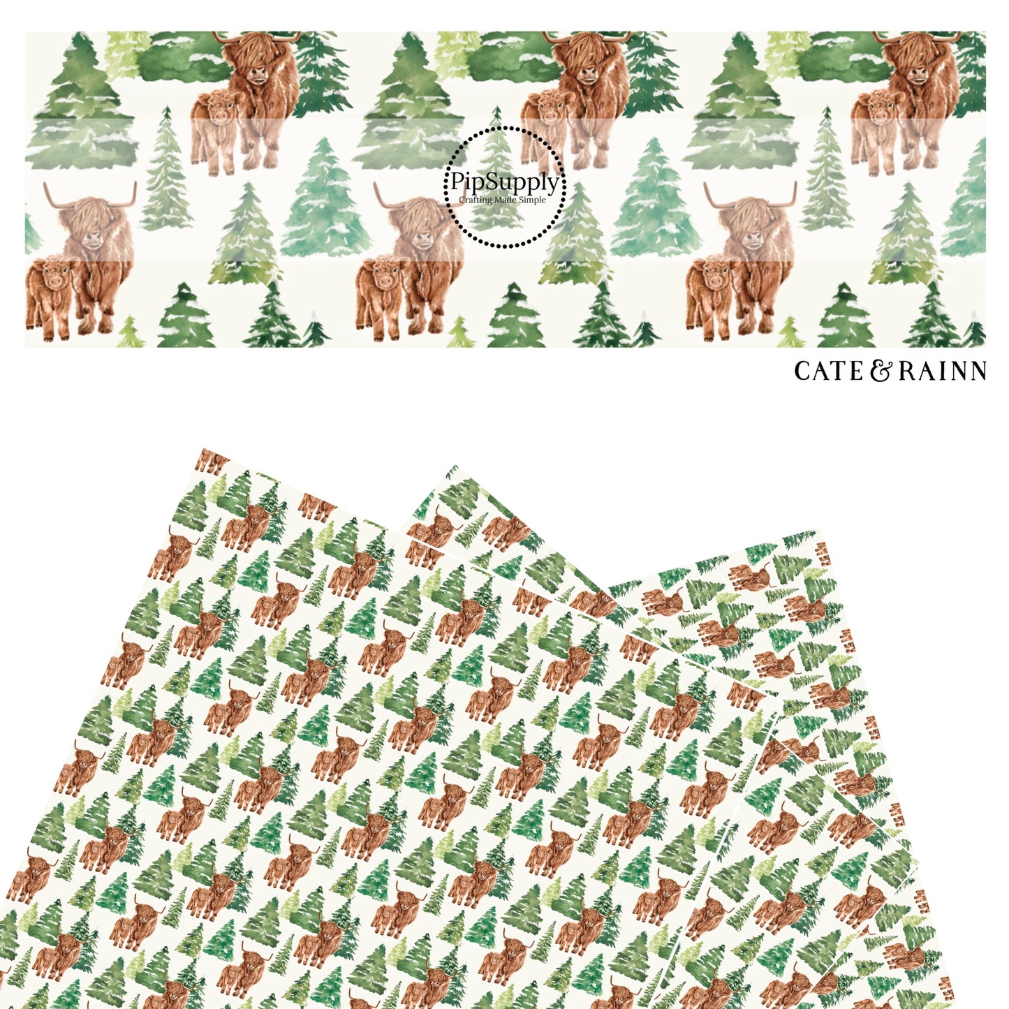 Brown cows with snowy trees on white faux leather sheets
