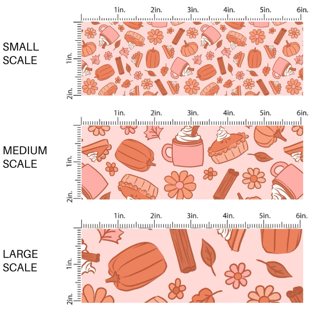 These autumn themed pattern fabric by the yard features the following design elements: fall lattes, pie slices, and burnt orange pumpkins on peach. This fun themed fabric can be used for all your sewing and crafting needs!