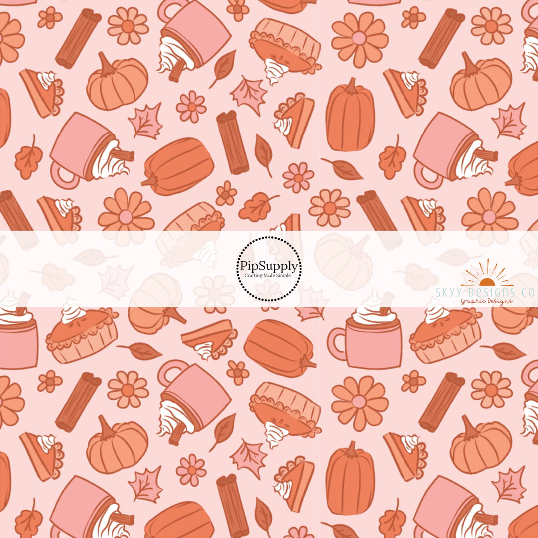 These autumn themed pattern fabric by the yard features the following design elements: fall lattes, pie slices, and burnt orange pumpkins on peach. This fun themed fabric can be used for all your sewing and crafting needs!