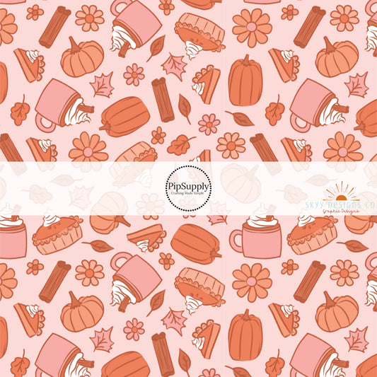 These autumn themed pattern fabric by the yard features the following design elements: fall lattes, pie slices, and burnt orange pumpkins on peach. This fun themed fabric can be used for all your sewing and crafting needs!