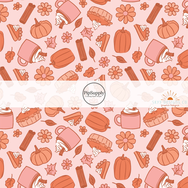 These autumn themed pattern fabric by the yard features the following design elements: fall lattes, pie slices, and burnt orange pumpkins on peach. This fun themed fabric can be used for all your sewing and crafting needs!