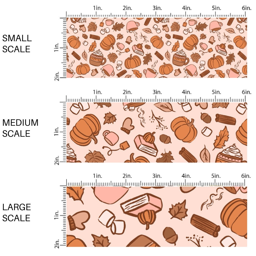 These autumn themed pattern fabric by the yard features the following design elements: fall lattes, pie slices, and burnt orange pumpkins on tan. This fun themed fabric can be used for all your sewing and crafting needs!