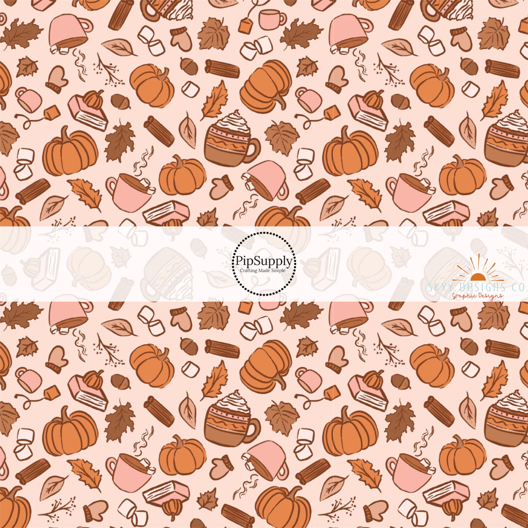 These autumn themed pattern fabric by the yard features the following design elements: fall lattes, pie slices, and burnt orange pumpkins on tan. This fun themed fabric can be used for all your sewing and crafting needs!