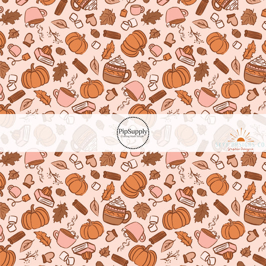 These autumn themed pattern fabric by the yard features the following design elements: fall lattes, pie slices, and burnt orange pumpkins on tan. This fun themed fabric can be used for all your sewing and crafting needs!