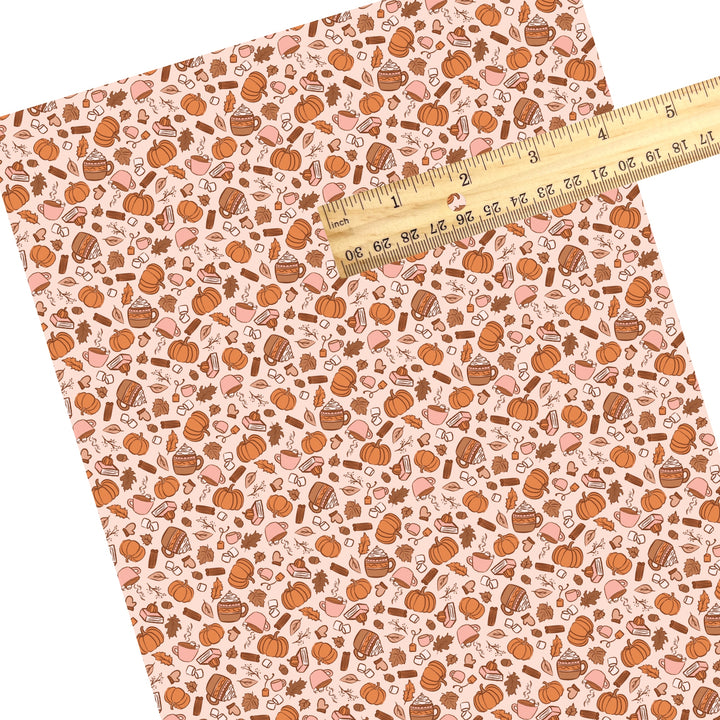 These autumn themed pattern faux leather sheets contain the following design elements: fall lattes, pie slices, and burnt orange pumpkins on tan. Our CPSIA compliant faux leather sheets or rolls can be used for all types of crafting projects.