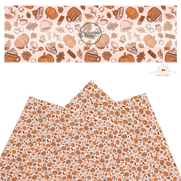 These autumn themed pattern faux leather sheets contain the following design elements: fall lattes, pie slices, and burnt orange pumpkins on tan. Our CPSIA compliant faux leather sheets or rolls can be used for all types of crafting projects.