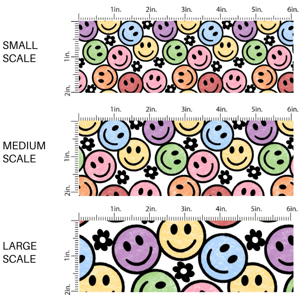 These smiley themed fabric by the yard features crayon color smiles pattern. This fun pattern fabric can be used for all your sewing and crafting needs!