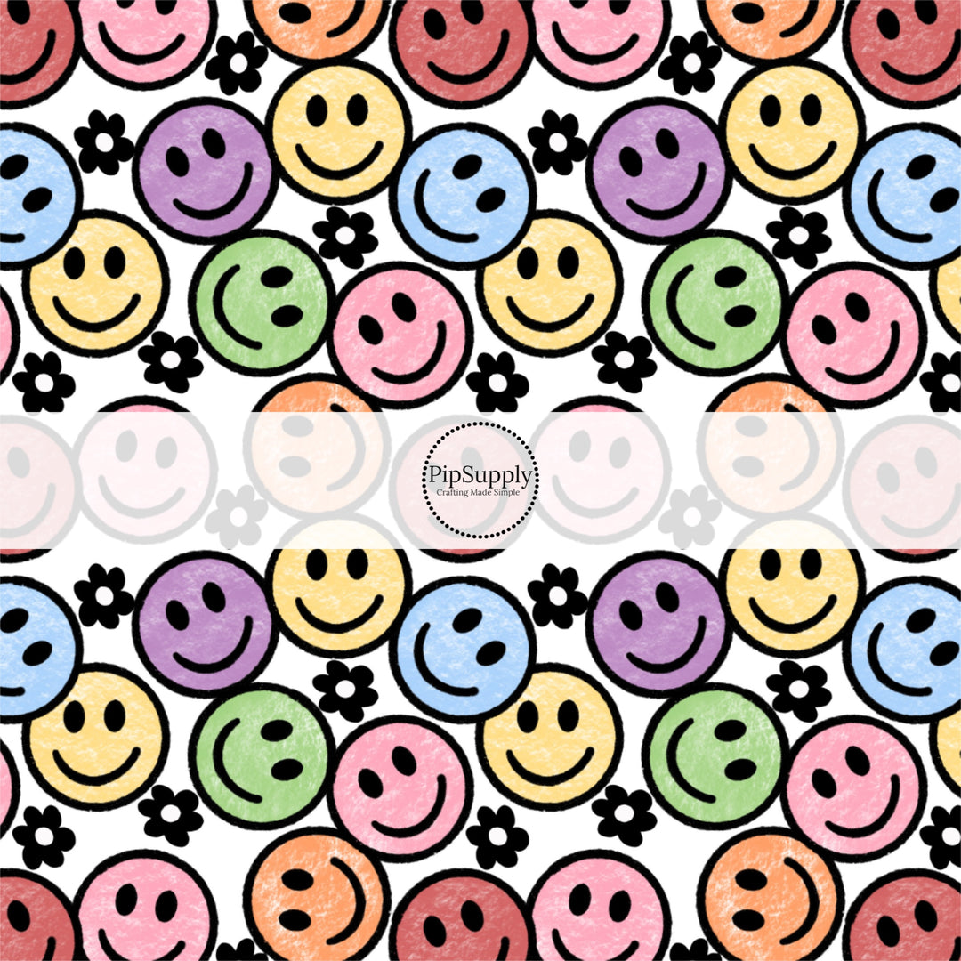 These smiley themed fabric by the yard features crayon color smiles pattern. This fun pattern fabric can be used for all your sewing and crafting needs!