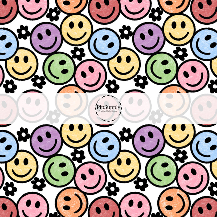 These smiley themed fabric by the yard features crayon color smiles pattern. This fun pattern fabric can be used for all your sewing and crafting needs!
