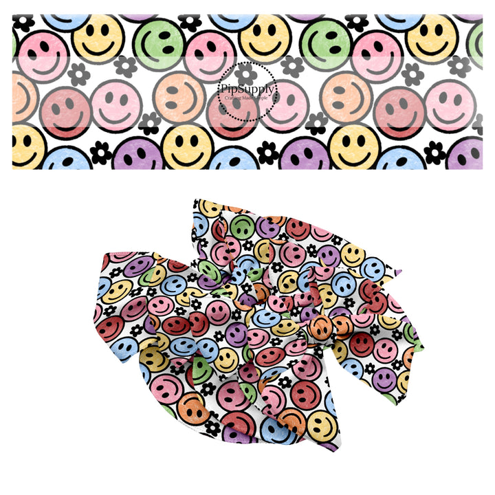 These smiley themed no sew bow strips can be easily tied and attached to a clip for a finished hair bow. These bow strips are great for personal use or to sell. These bow strips feature the following design elements: crayon color smiles pattern.