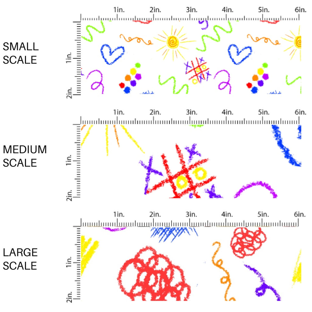 This scale chart of small scale, medium scale, and large scale of this school supply fabric by the yard features colorful crayon doodles. This fun themed fabric can be used for all your sewing and crafting needs!