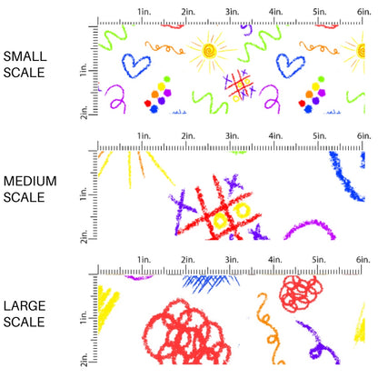 This scale chart of small scale, medium scale, and large scale of this school supply fabric by the yard features colorful crayon doodles. This fun themed fabric can be used for all your sewing and crafting needs!