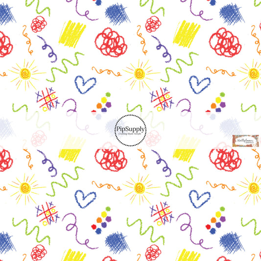 This school supply fabric by the yard features colorful crayon doodles. This fun themed fabric can be used for all your sewing and crafting needs!