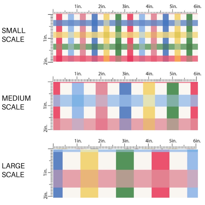 This scale chart of small scale, medium scale, and large scale of these school themed fabric by the yard features colorful gingham pattern on cream. This fun themed fabric can be used for all your sewing and crafting needs!