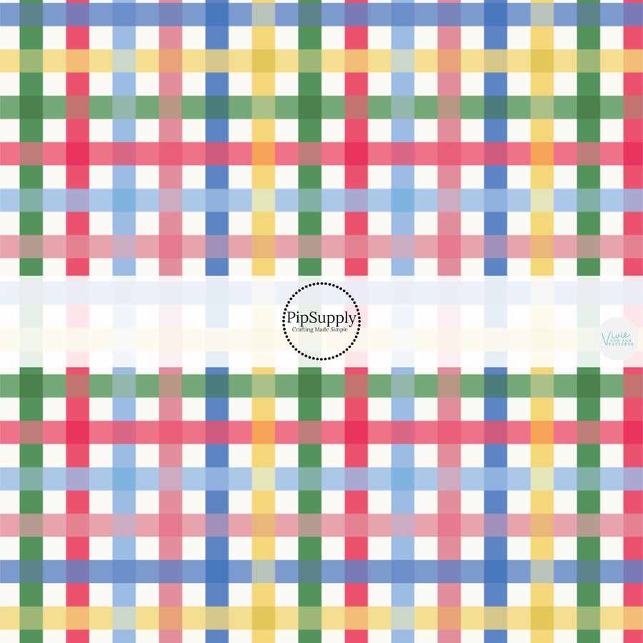 These school themed fabric by the yard features colorful gingham pattern on cream. This fun themed fabric can be used for all your sewing and crafting needs!