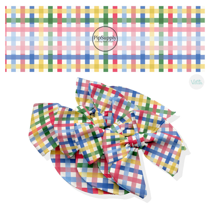 These school themed no sew bow strips can be easily tied and attached to a clip for a finished hair bow. These fun patterned bow strips are great for personal use or to sell. These bow strips feature colorful gingham pattern on cream.