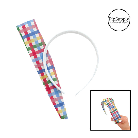 These school themed patterned headband kits are easy to assemble and come with everything you need to make your own knotted headband. These fun kits include a custom printed and sewn fabric strip and a coordinating velvet headband. This cute pattern features colorful gingham pattern on cream.
