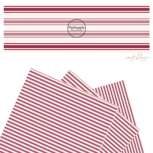 These stripe themed faux leather sheets contain the following design elements: mulberry thin and thick stripes on cream. Our CPSIA compliant faux leather sheets or rolls can be used for all types of crafting projects.