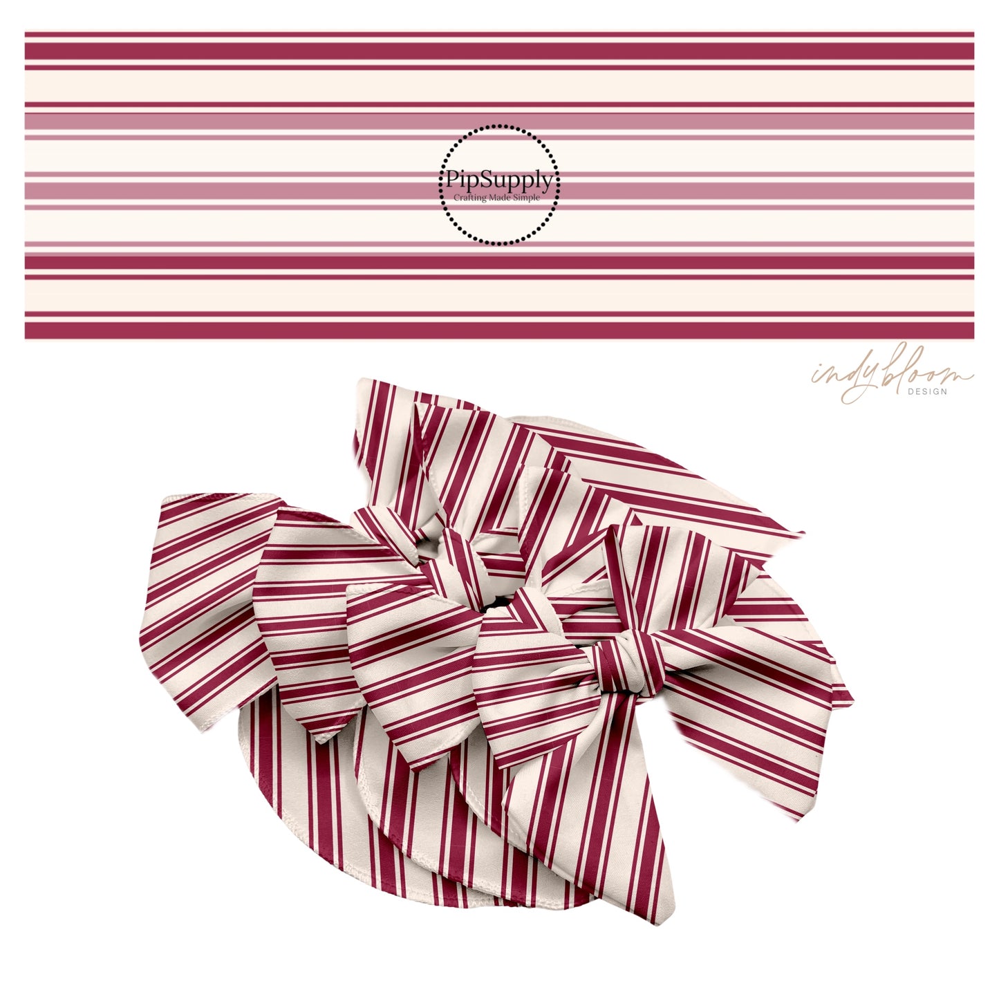 These stripe themed no sew bow strips can be easily tied and attached to a clip for a finished hair bow. These fun stripe bow strips are great for personal use or to sell. The bow stripes features mulberry thin and thick stripes on cream.