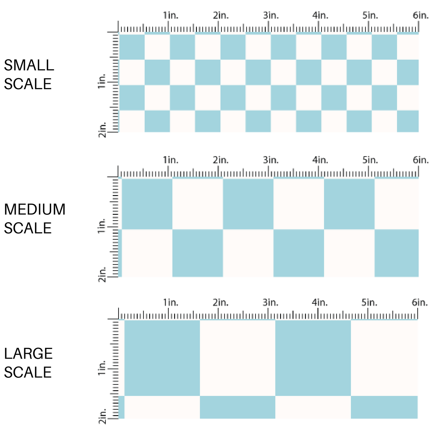 This scale chart of small scale, medium scale, and large scale of these checkered themed fabric by the yard features cream and light blue checkered pattern. This fun party themed fabric can be used for all your sewing and crafting needs! 