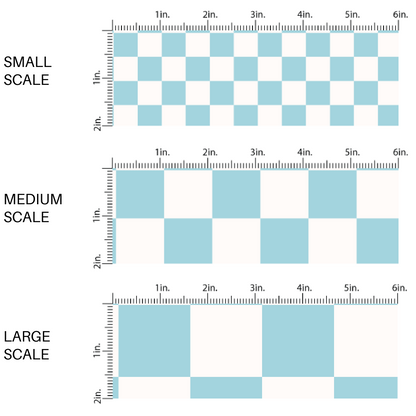 This scale chart of small scale, medium scale, and large scale of these checkered themed fabric by the yard features cream and light blue checkered pattern. This fun party themed fabric can be used for all your sewing and crafting needs! 