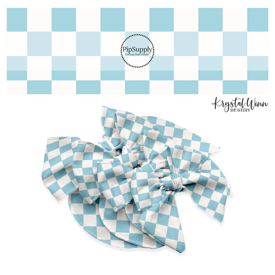 These checkered themed no sew bow strips can be easily tied and attached to a clip for a finished hair bow. These fun party themed bow strips are great for personal use or to sell. The bow strips features cream and light blue checkered pattern.