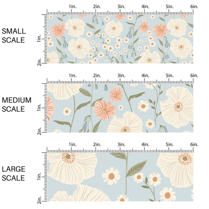 This scale image with small scale, medium scale, and large scale of  these pastel flowers in a meadow on light blue fabric by the yard features tan, orange, cream, pink, and blush flowers