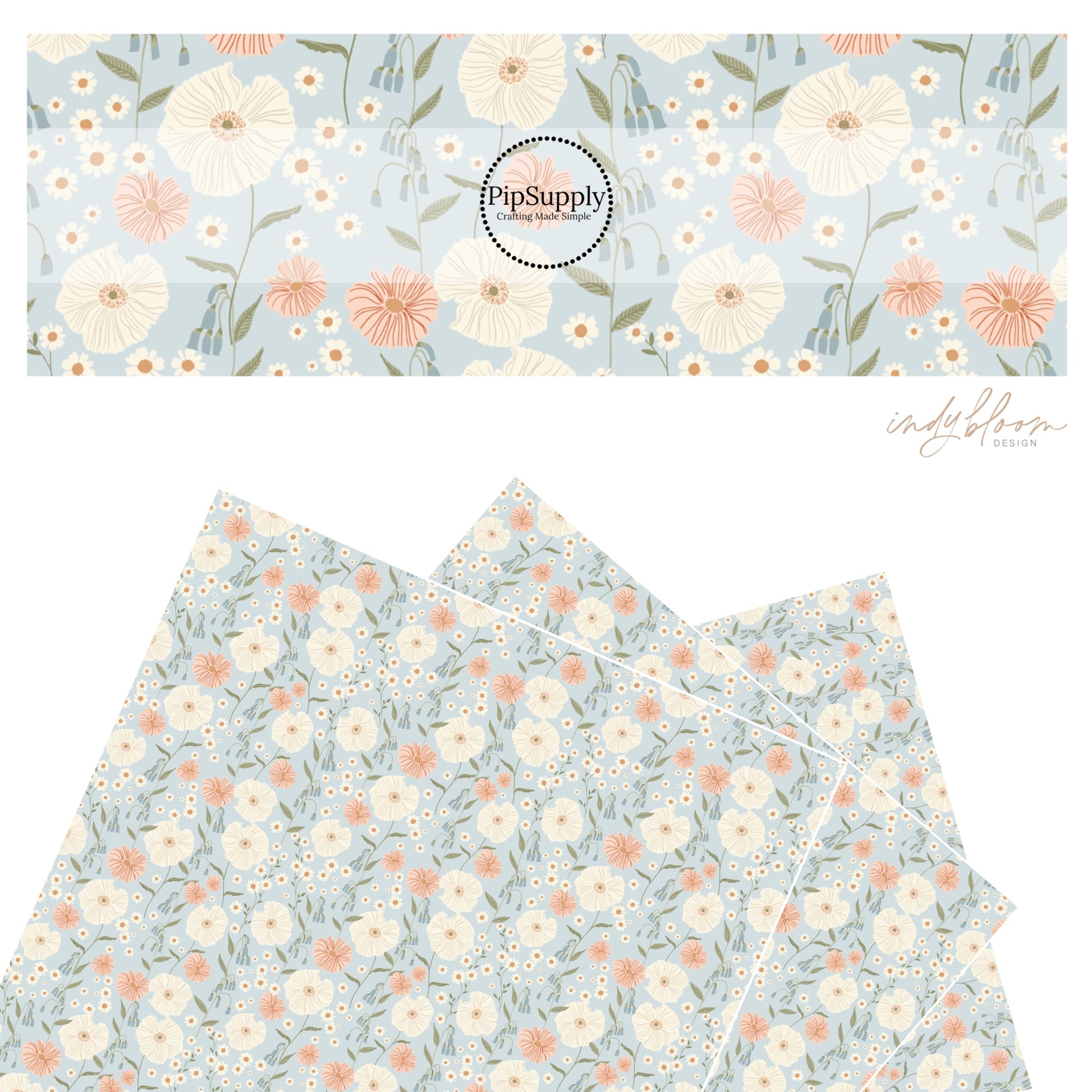 These pastel flowers in a meadow on light blue faux leather sheets contain the following design elements: tan, orange, cream, pink, and blush flowers.