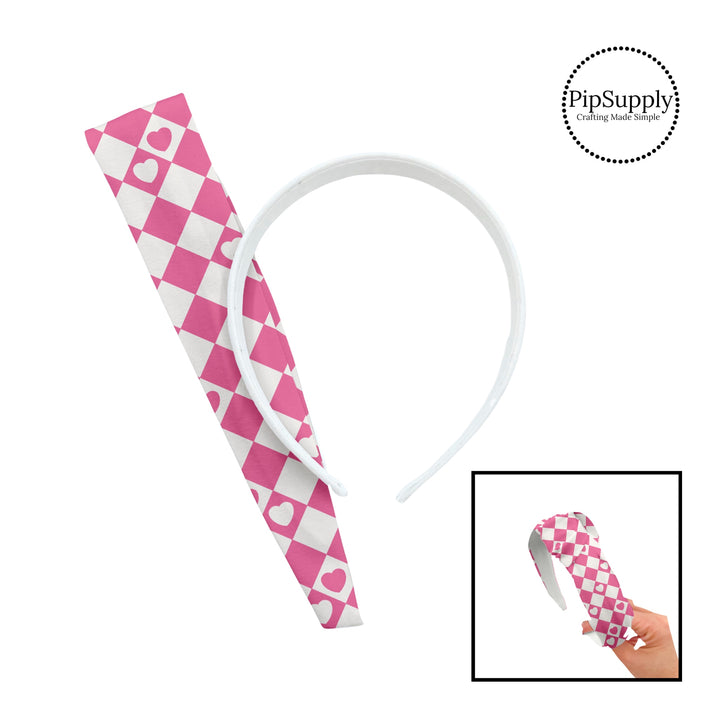 Pink and white hearts with pink and white checkered knotted headband kit